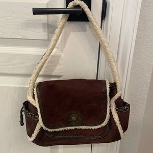 Brown suede and wood shoulder bag
